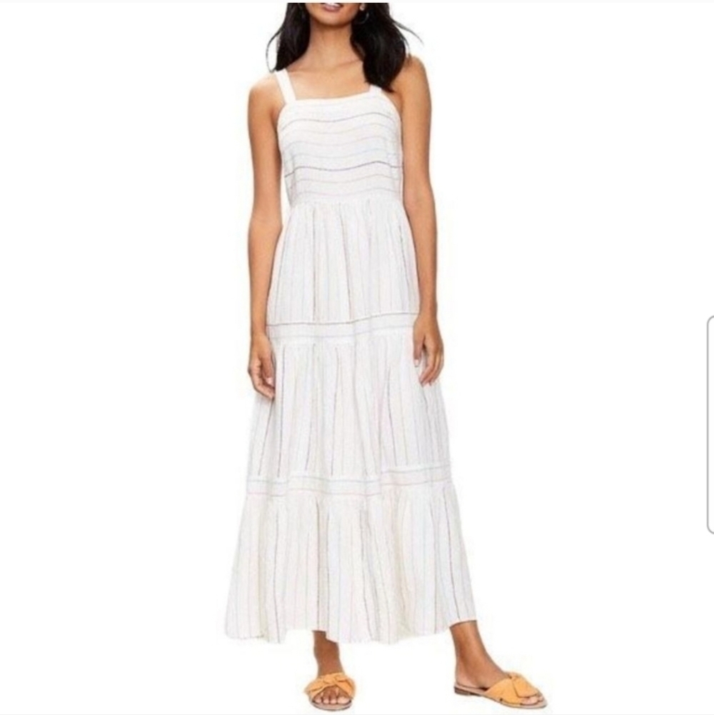 LOFT Linen Cream Colorful Striped Maxi Dress Tiered Striped Flowy Size 4